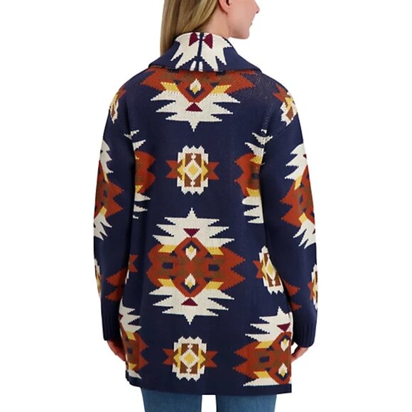 Lucky Brand Women's Southwest Shawl-Collar Navy Aztec Cardigan Medium - Picture 3 of 4